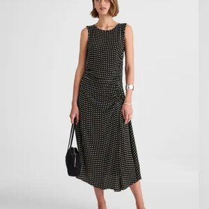 Madewell 8 Asymmetrical Ruched Midi Dress Black Sleeveless Polka Dot